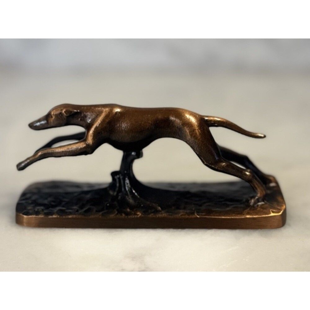Vintage Bronzed Greyhound Dog Paperweight – 5” Running Pose Sculpture – 9.2 oz
